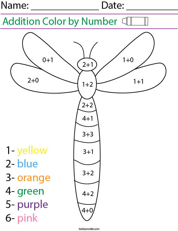 Addition Color by Number Dragonfly Math Worksheet Twisty Noodle